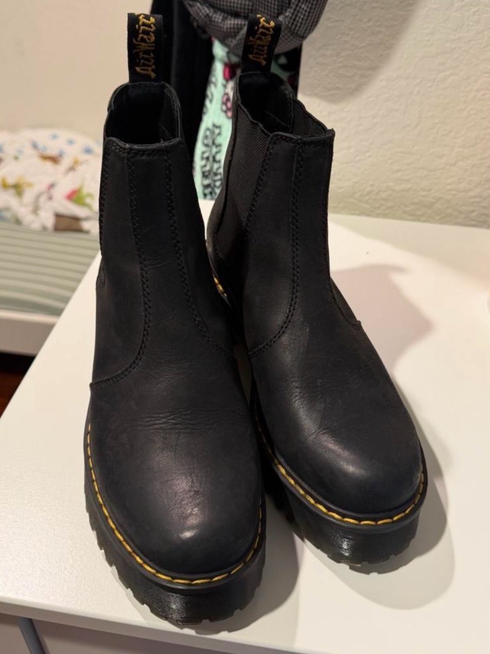 Dr. Martens Black Leather Chelsea Platform Booties with Yellow Stitching